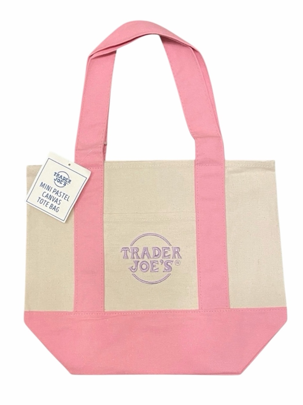 🌸Trader Joe's Mini Pastel Canvas Tote Bag in Pink, Light Purple & Natural. NWT